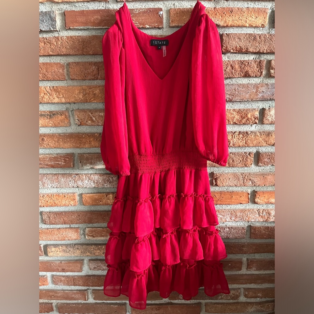 STATE Red Ruffled Tiered Sundress with Bishop Sleeves
